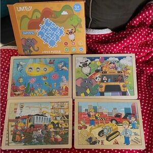 Unisex Kids Pk of 4, 24-Piece Colorful Wooden Puzzles 3+ (New in Plastic/Box).